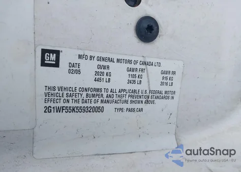 2005 Chevrolet Impala Police from USA, damaged, VIN 2G1WF55K559320050